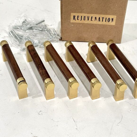 Rejuvenation West Slope Drawer Pull Walnut Wood and Aged Brass 4" C105370 - Picture 1 of 7